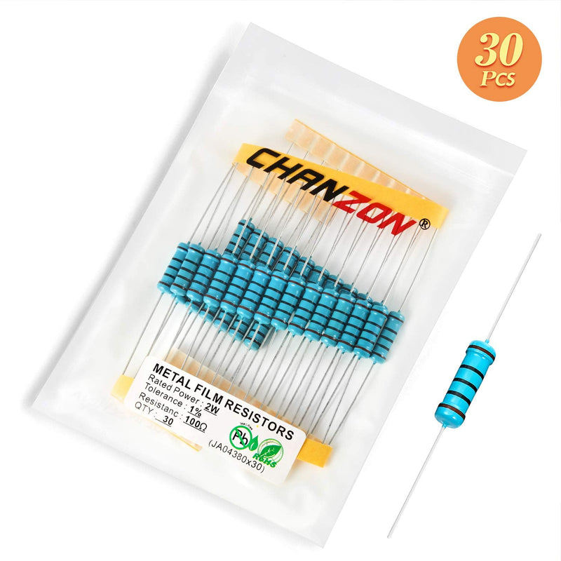 Chanzon 30pcs 2W 100 Ω ohm Metal Film Fixed Resistor 0.01 ±1% Tolerance 100R MF Through Hole Resistors Current Limiting Rohs Certificated [2ZC28] 100 ohm