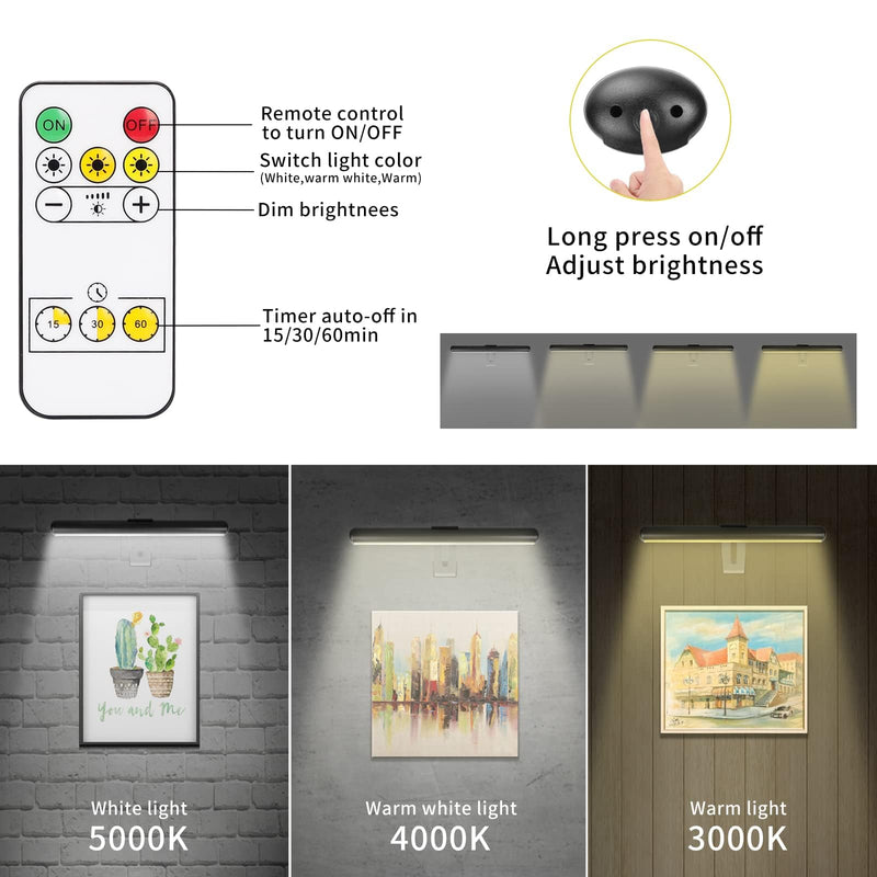 Picture Light Battery Operated, Picture Lights for Wall, Wireless Picture Light with 2 Remotes, Picture Light for Paintings, 16 LED, 3Modes, 300LM Dimmable Light with Timer for Art Black-13"