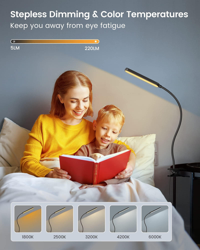 Glocusent 5W Multi-Purpose Clip On Light, 38 LED Eye Caring Reading Bed Lamp, 5 Color & 5 Brightness with a Remote, 30-Min Auto Off Timer, Perfect for Bed Reading/Studying/Working Black