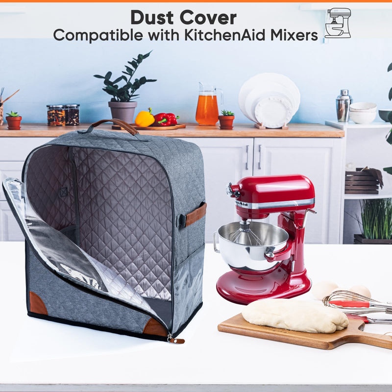 BAGSPRITE Stand Mixer Cover with Appliance Sliders Base Compatible with KitchenAid Mixer-Storage Bag for 6/7/8 Quart with Pockets for Kitchen Aid Accessories and Attachments Grey Fit for 6 - 8 Quart