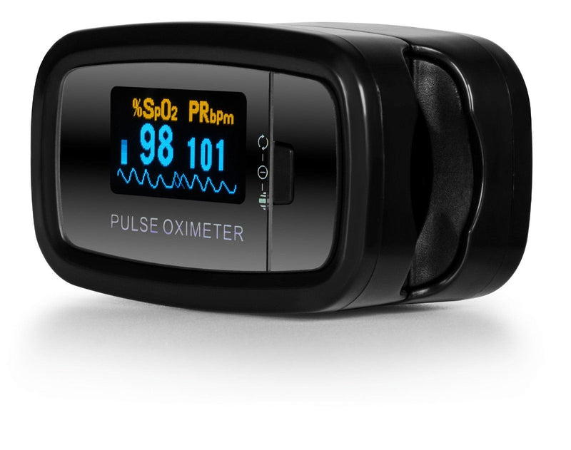 AccuMed CMS-50D1 Fingertip Pulse Oximeter Blood Oxygen Sensor SpO2 for Sports and Aviation. Portable and Lightweight with LED Display, 2 AAA Batteries, Lanyard and Travel Case (Black)