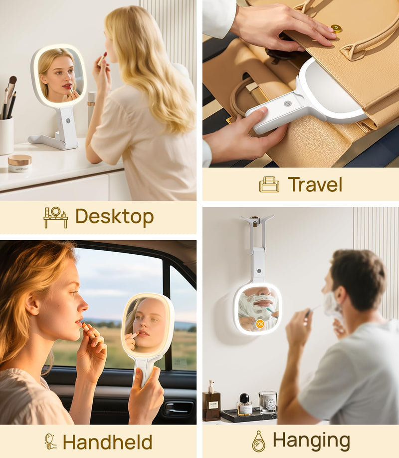 Gospire 6.8" Travel Vanity Mirror, 3-in-1 Hanging/Handheld/Desktop Use with Dual-Side Buttons, 1X/10X Magnification, 3-Color Dimmable LED, Auto Memory + Velvet Pouch (White) White