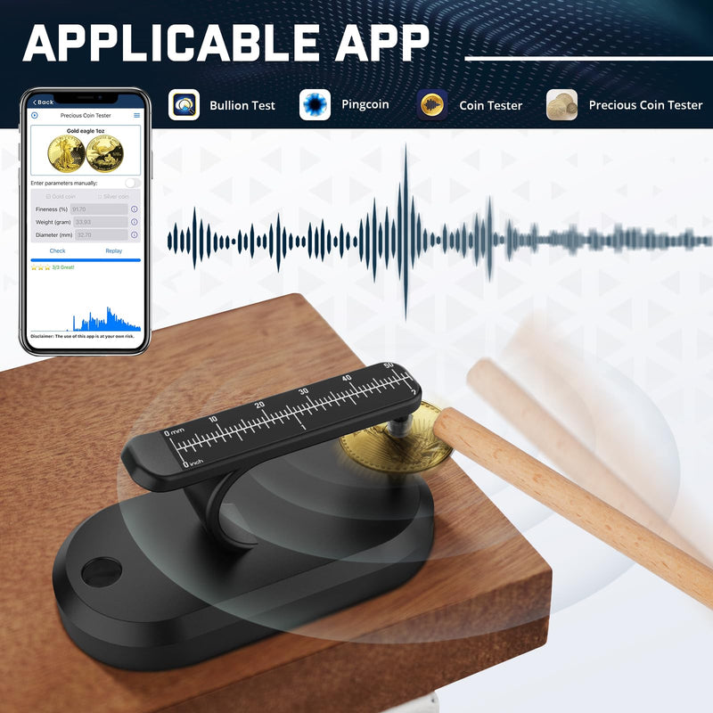 Coin Ping Tester - Resonant Ping Sound Detection and Diameter Comparison for Coin Authenticity, Portable and Easy-to-Use, Black