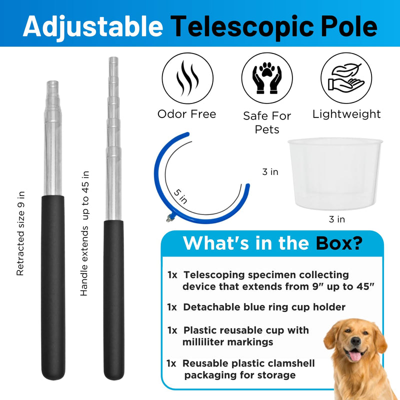 PetTest i-Catch Telescoping Dog Urine Catcher, 45-inch Extendable Dog Pee Stick Collector, and Telescopic Pole Handle for Small and Large Breeds, Includes a Reusable Cup with Milliliter Markings - PawsPlanet Australia