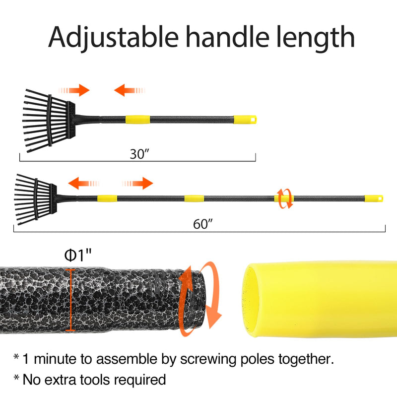 Oliynedy Leaf Rake for Gardening, Adjustable Metal Garden Rake for Leaves Long Handle 30-60", 11 Tines 9" wide Small Lawn Collapsible Yard Adult Kids Rake for Camping Flower Beds Mulch Shrub 30-60"