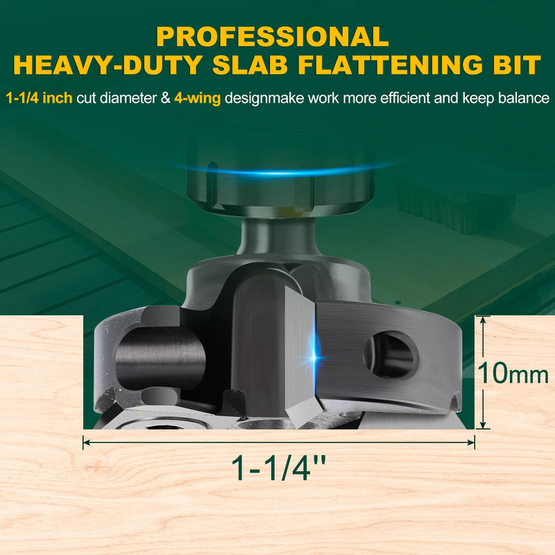 Slab Flattening Router Bit 1/4 inch Shank, 1-1/4'' Diameter, 4Wing | CNC Spoilboard Surfacing Router Bit Wood Planer Bit for Slab Flattening, Spoilboard Leveling, Trimming, and Grooving 1/4" Shank-1-1/4" Cut Dia. (2+2 Inserts)
