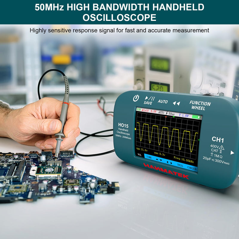 HANMATEK HO15 Handheld Digital Oscilloscope - 50MHz Bandwidth, 200MSa/s High-Precision Sampling, 2.8" TFT Display, USB Rechargeable, Signal Generator,Portable for Fieldwork Professional 50 Mhz