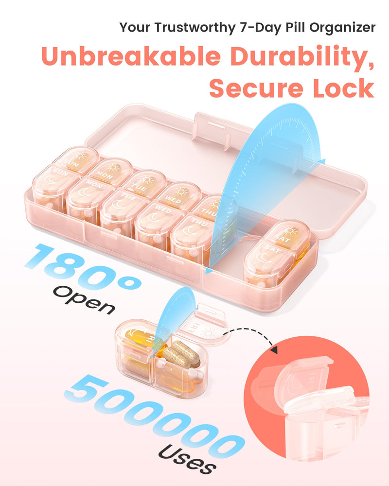Weekly Pill Organizer 2 Times a Day, Daily AM PM Pill Box Case 7 Day with Large Openings for Easy to Use, Travel Medicine Container for Medication, Vitamins, Supplements - Pink