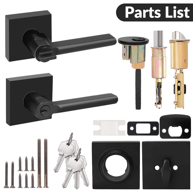 HOSOM Matte Black Entrance Door Lock Set with Single Cylinder Deadbolts, Heavy Duty Modern Sleek Square Door Handle with Lock & Keys on Both Sides