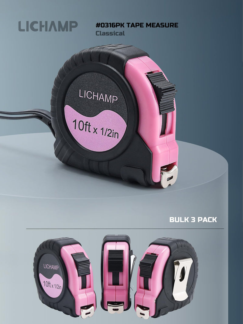 Lichamp Small Tape Measure 10 Feet, Pink Tape Measure Mini 3 Pack 10ft x 1/2in with 1/8 Fractions, 0310PK