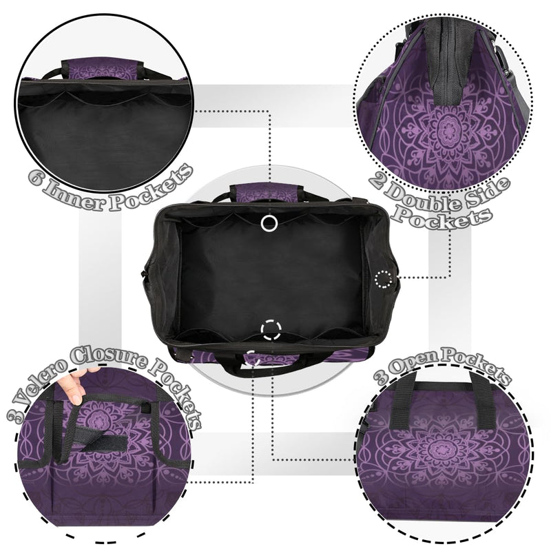 Purple marble pattern Tool Bag – Heavy-Duty Multi-Pocket 14+ Pockets (6 Inner + 6 Outer + 2 Side), Removable Shoulder Strap, for Construction, Gardening, Camping, Travel – 14.8 x 9.1 x 10 Inches