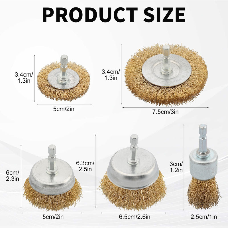 5 Pcs Wire Brush for Drill Set, Brass Wire Wheel for Drill, 1/4 Inch Hex Shank, Wire Brushes for Cleaning Rust for Drill Set for 5Psc