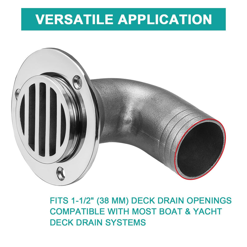 Boat Deck Floor Drain, 90-Degree Boat Deck Drain with Elbow Outlet, Flush-Mount, Heavy-Duty 316 Stainless Steel, with Screws 1-1/2 inch