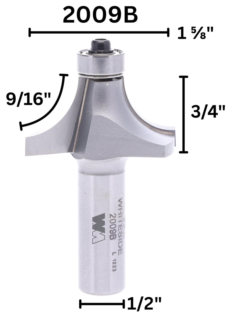 Whiteside Router Bits 2009B Round Over Bit with 9/16-Inch Radius, 1-5/8-Inch Large Diameter and 3/4-Inch Cutting Length