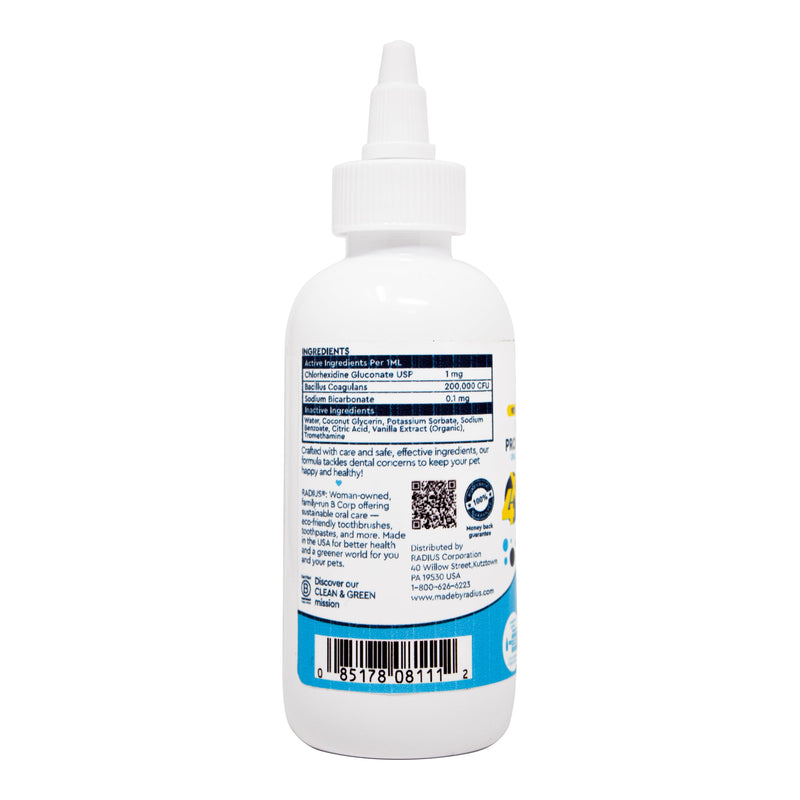 RADIUS OralPro+ Pet Probiotic Enzymatic Water Additive - Dog and Cat Dental Care Solution - Plaque & Tartar Defense Meal Supplement - Fresh Breath & Gut Health - Calming Vanilla, 4 Oz (Pack of1) Pack of 1 Clear