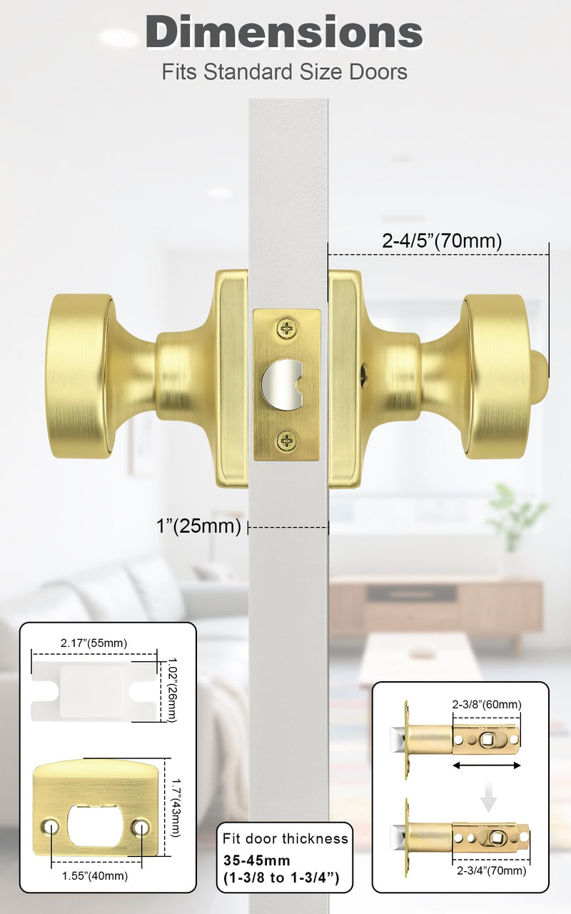 Probrico Bedroom Door Knob Brushed Gold Finish, 2 Pack Standard Size Interior Door Handles with Privacy Locking Function, Square Panel Knob for Bathroom