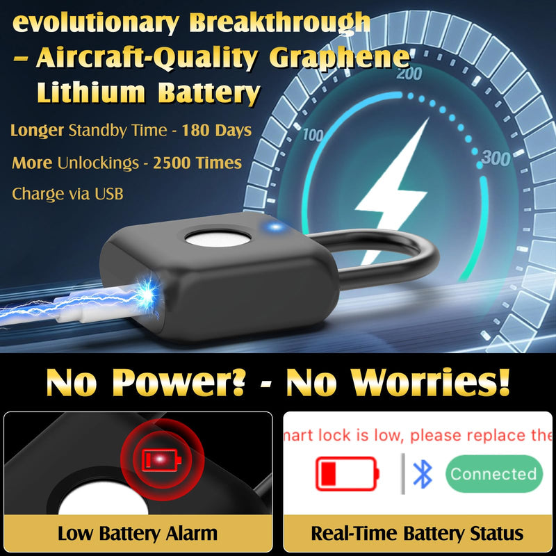 Pothunder Fingerprint Padlock, Smart Padlock, Locker Lock, Combination Lock, Fingerprint Lock with APP Unlock, USB Rechargeable, Suitable for Gym Locker, Door, Locker(Black) Black