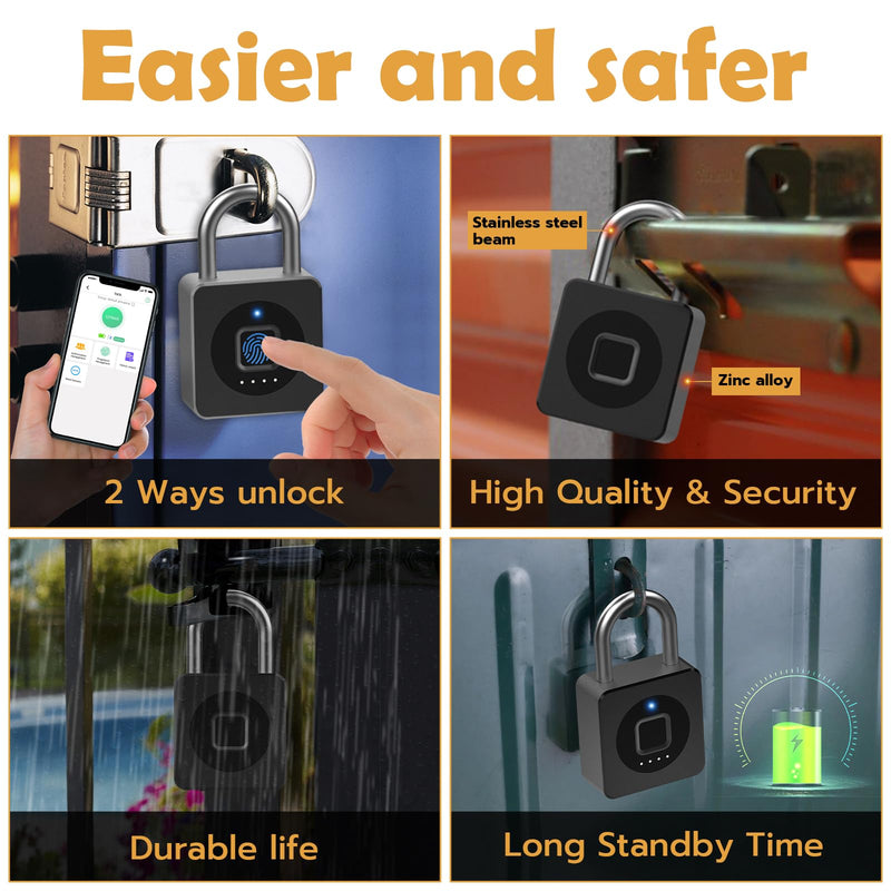 Pothunder Fingerprint Padlock, Fingerprint Lock with APP, Padlock with Steel Cable Keyless Biometric, Smart Padlock Waterproof Suitable for Gym, Locker, Helmet, Gate, Fence, Luggage Black with Cable