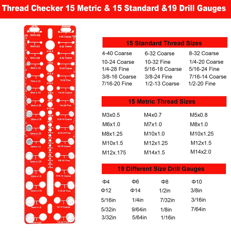 49-Piece Nut and Bolt Thread Checker | 15 Metric & 15 Standard Sizes with 19 Drill Gauges, Wall-Mountable Bolt Size Finder for Quick Identification (DIY/Automotive/Industrial)