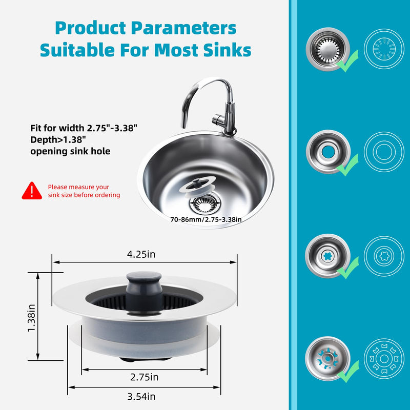 Hibbent 3 in 1 Kitchen Sink Drain Strainer, Stainless Steel Wrapped Shell Drain Stopper Combo, Pop Up Sink Stopper, Anti-Clogging Basket Strainer with Handle for US Standard 3-1/2" Drain Flat Round Handle with 1 Strainer