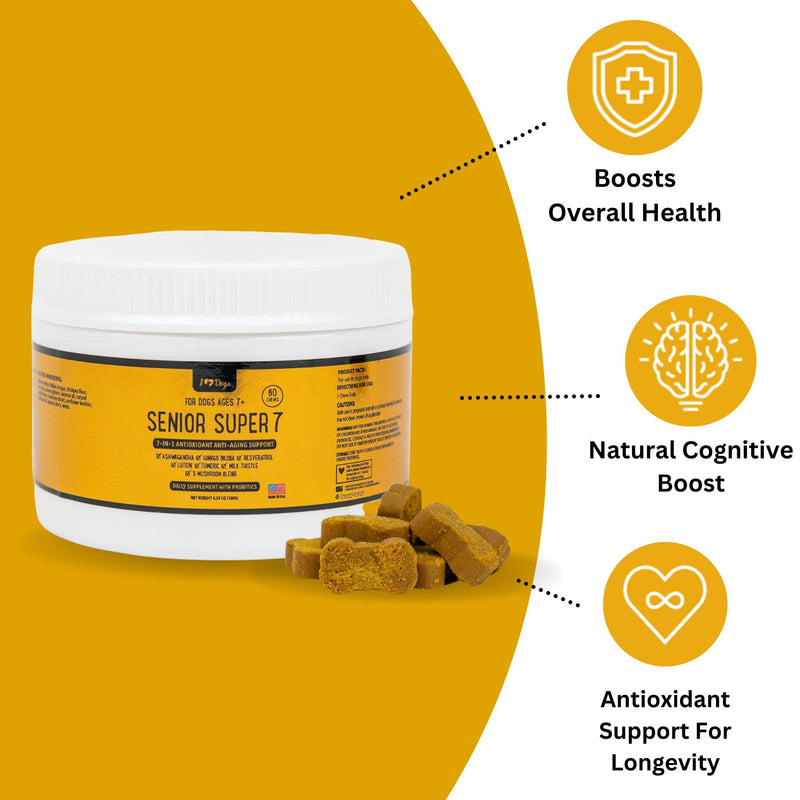 iHeartDogs Senior Super 7 Daily Dog Multivitamin - 7-in-1 Vitamin for Dogs Supports Anti-Aging with Antioxidants, Probiotics, Lion's Mane, Turkey Tail, & Ashwagandha for Longevity & Cognitive Boost - PawsPlanet Australia