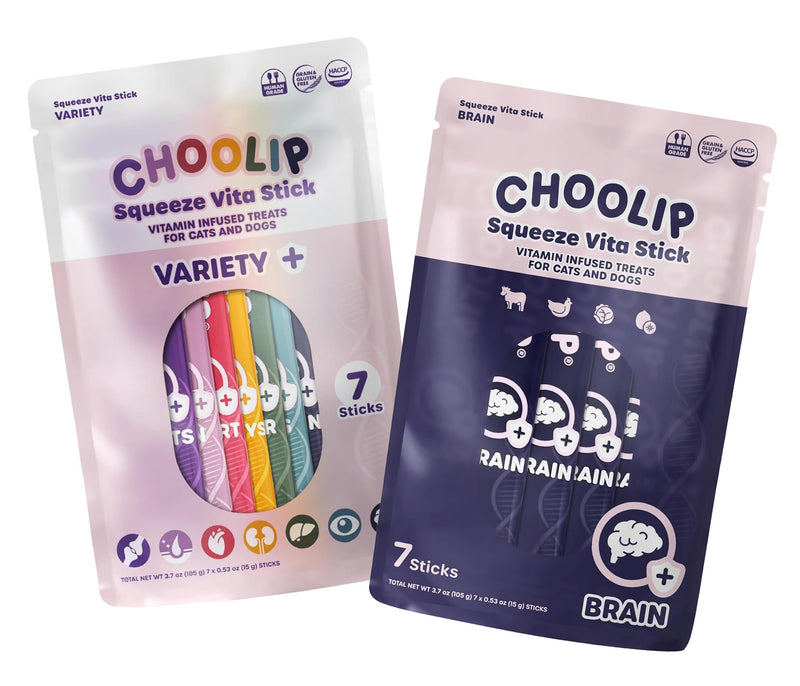 Choolip Bundle | Variety + Brain Pouches. 14 Squeeze Vita Sticks (7 Variety + 7 Brain) with Essential multivitamins. [Both Products are for Cats & Dogs of All Life Stages]