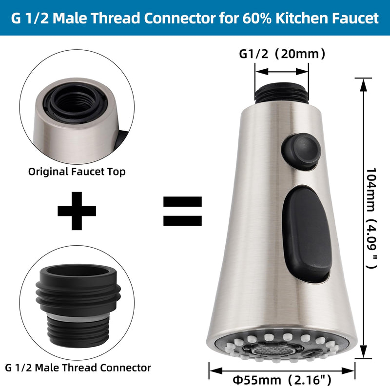 Universal Kitchen Faucet Head Replacement with 15 Adapter Kit Compatible with Kohler/Moen/Delta Faucet, 3 Function Pull Down Sink Faucet Spray Head, Brushed Nickel Acrylonitrile Butadiene Styrene (ABS)