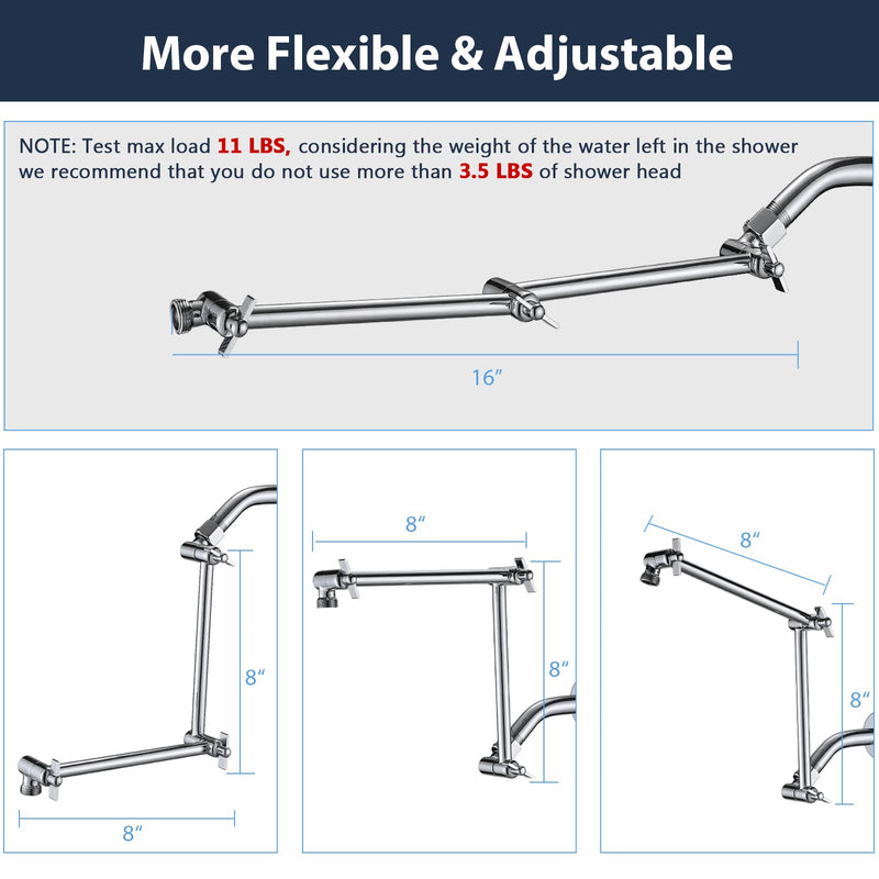 PDPBath Shower Extension Arm, 16" Upgrade Solid Brass Shower Head Shower Head Extender, Adjustable Height Extended with G1/2 Universal Connection for Rain & Handheld Shower Head - Chrome 8 Inch + 8 Inch - NewNest Australia
