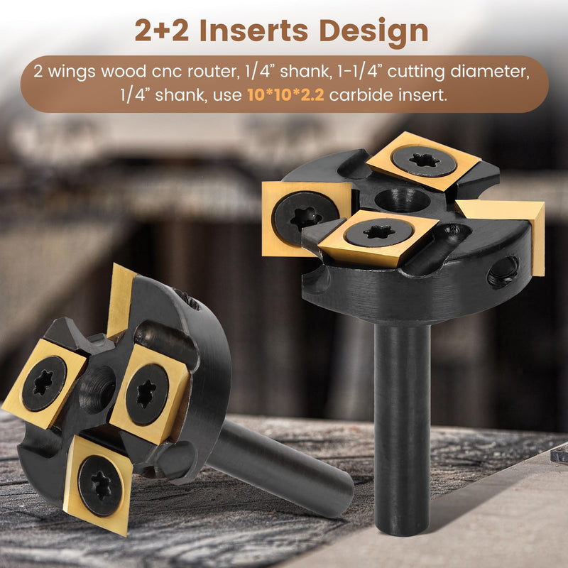 CNC Carbide Insert Surfacing Router Bit 1/4" Shank, 1-1/4"Cutting Diameter, 4-Wing Anti-Vibration Design, Tialn-Coated Replaceable Blades, Woodworking Exclusive Planing Bit