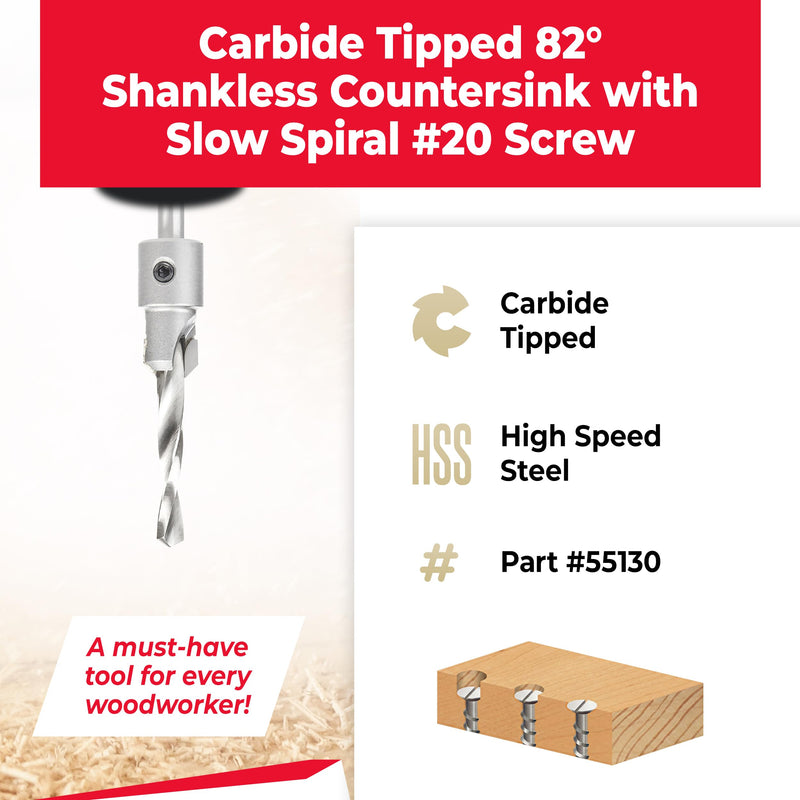 Amana Tool Carbide Tipped 82 Degree Shankless Countersink with Slow Spiral Drill, 55130, 20 Screw, 5/8 D x 5/16 Diameter x 5/16 Shank