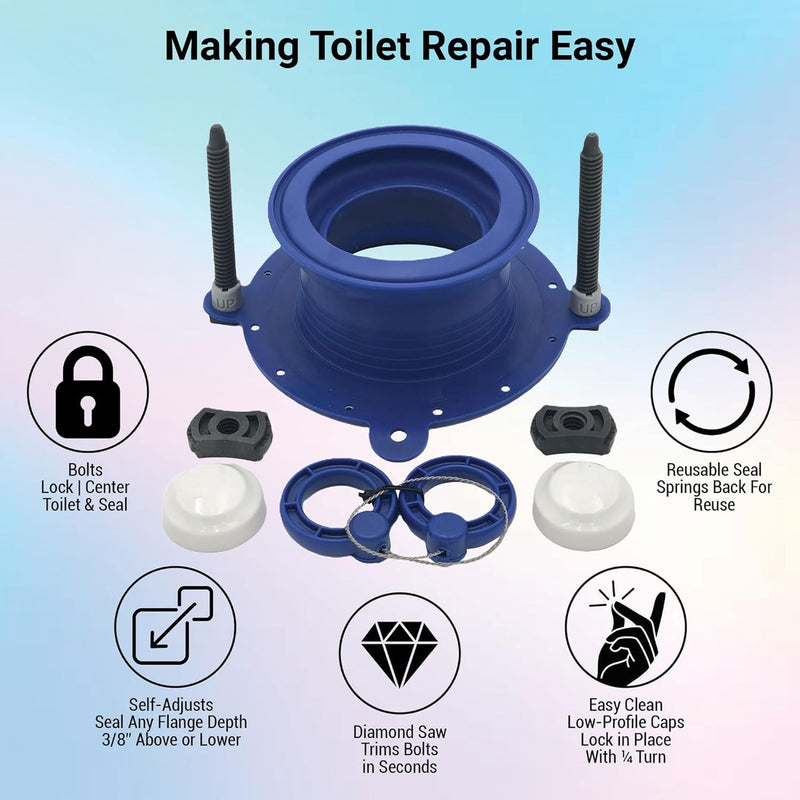 One N Done Toilet Flange Repair Kit - Complete Toilet Seal Repair For Wax Seal, Rubber Gasket Ring,Tool-Free Nuts Includes 3 1/2-Inch Locking Bolts, Bolt Caps- Easy Toilet Bowl Repair (1, Blue)