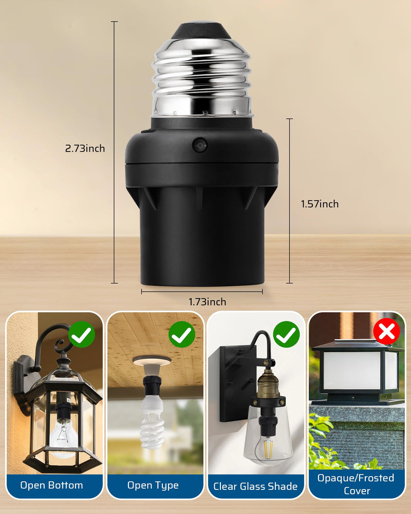 DEWENWILS Light Sensor Socket, Dusk to Dawn Sensor Socket, Light Bulb Socket for Light Fixtures, Compatible with Incandescent/CFL/LED/Halogen Bulbs, 4 Pack Black