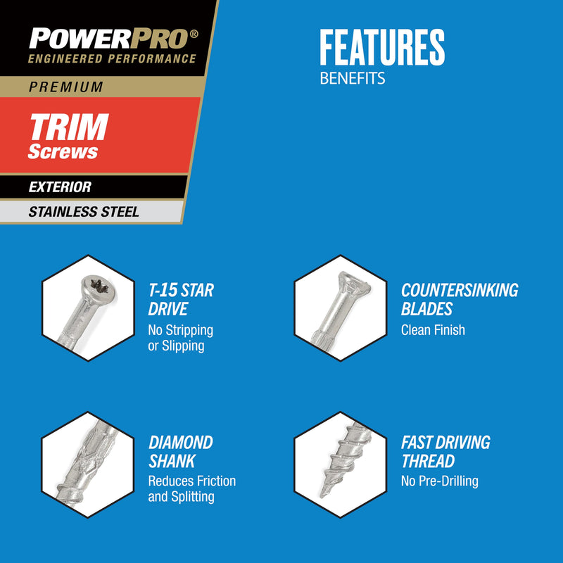 Power Pro Premium 305 Stainless Steel Trim Screws (#8 x 2-1/2") - 1lb Box #8 x 2-1/2"