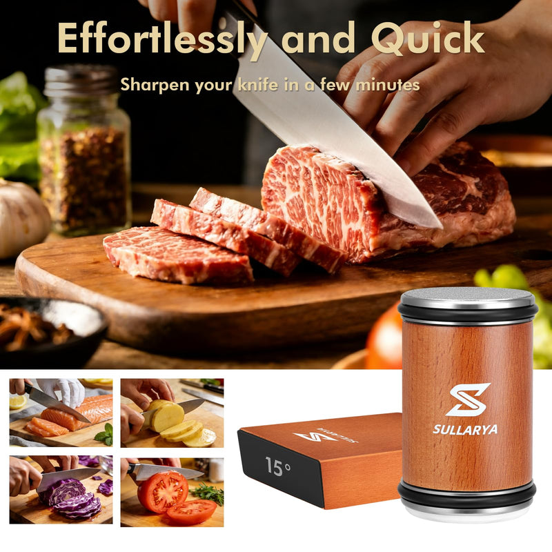 Knife Sharpener, Rolling Knife Sharpener, Knife Sharpening kit with Diamonds and Ceramic for Steel of Any Hardness, Kitchen Knife Sharpener with 15 & 20 Degree Magnetic Angle