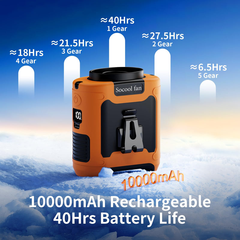 Socool 10000mAh Portable Waist Fan Clip On Personal Fans Rechargeable, 67H Cooling Wearable Belt Shirt Fan with 5 Speed Wind Adjustable & LED Light, Hanging Neck Fan for Outdoor Jobsite Camping Orange