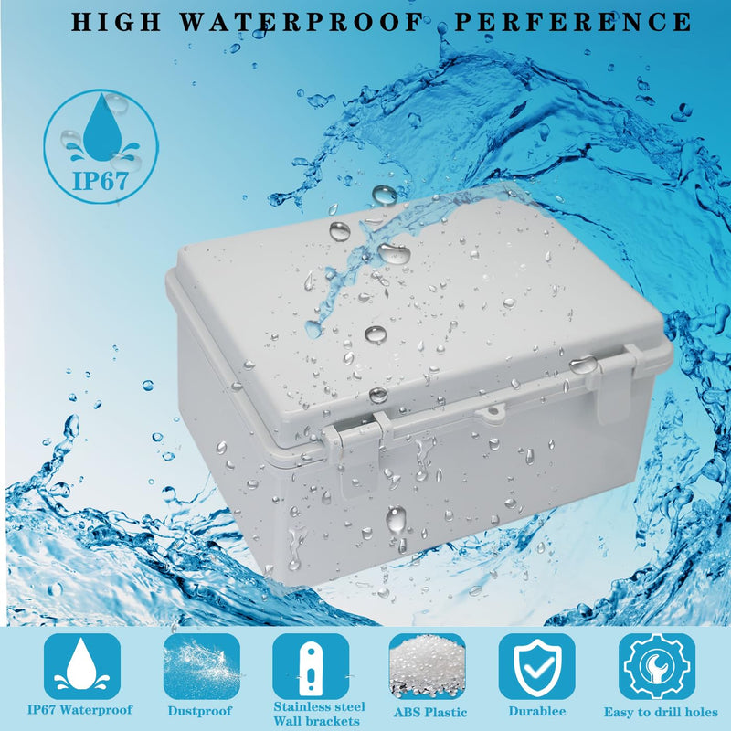 Waterproof Outdoor Electrical Box Junction Box Weatherproof IP67 ABS Plastic Enclosure Switch Router Project Box with Mounting Plate with Wall Bracket 2 Cable Glands Grey 8.7"x6.7"x4.3" 8.7" x 6.7" x 4.3"