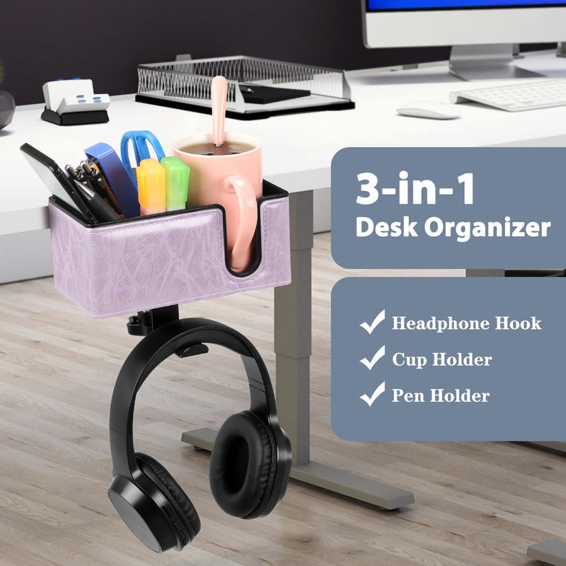 Desk Cup Holder Clip on Pen Holder Headphone Hanger Headset Stand Rotatable Clamp Hook Under Desk (Violet) Violet