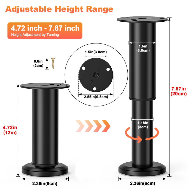 4 Pcs Metal Adjustable Furniture Legs 4.72-7.87 inch, Adjustable Cabinet Legs for Sofa/Bed/Chair/Couch/Dresser/Table, Heavy Duty Bed Replacement Support Legs for Bed Frame/Bed Center Slat 4.72-7.87 inch (4pcs) Black