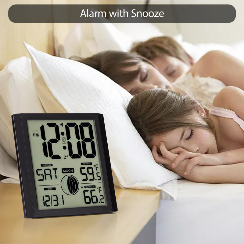 Atomic Wall Clock with Indoor/outdoor Temp Large Number Display Silent Battery Operated Alarm Analog Digital Clocks for Bedroom Dementia Seniors Desk Living Room Office Bathroom Kitchen Shower Black