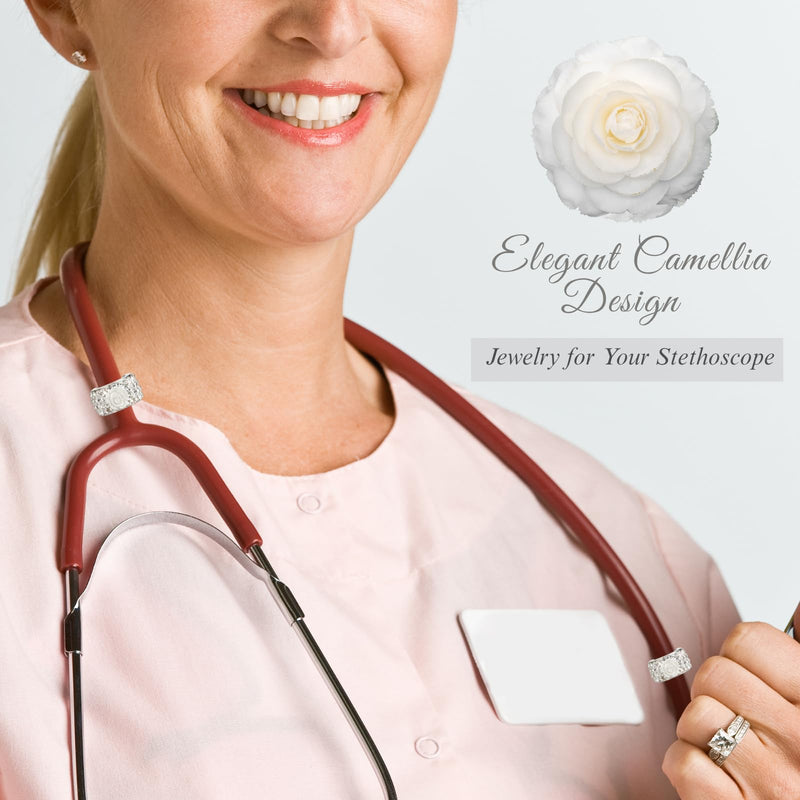 Stethoscope Charms for Nurses, 2PCS Camellia Flower Rhinestone Stethoscope Jewelry, Elegant White Floral Stethoscope Accessories, Compatible with Littmann, Graduation, Mother’s Day Gift