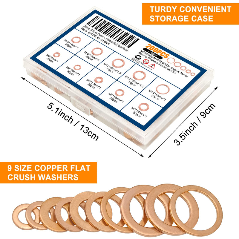 200pcs 9 Sizes Premium Copper Metric Sealing Crush Washers Assortment Kit,Flat Sealing Washer M5 M6 M8 M10 M12 M14,Flat Ring Sump Plug Oil Seal Gasket Sealing Fitting Washers for Industrial,Household