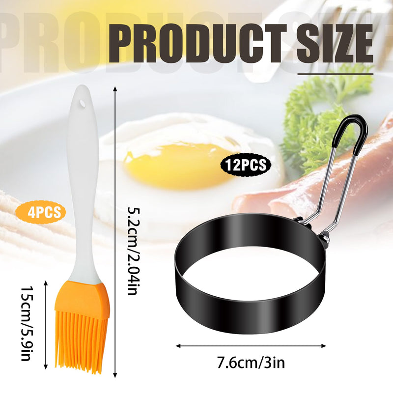 12 Pcs Egg Rings for Frying Eggs Nonstick Pancake Mold Stainless Steel Egg Mold with 4 Silicone Brushes,Portable Round Shape with Handle For Breakfast Camping Sandwiches (3 Inch)
