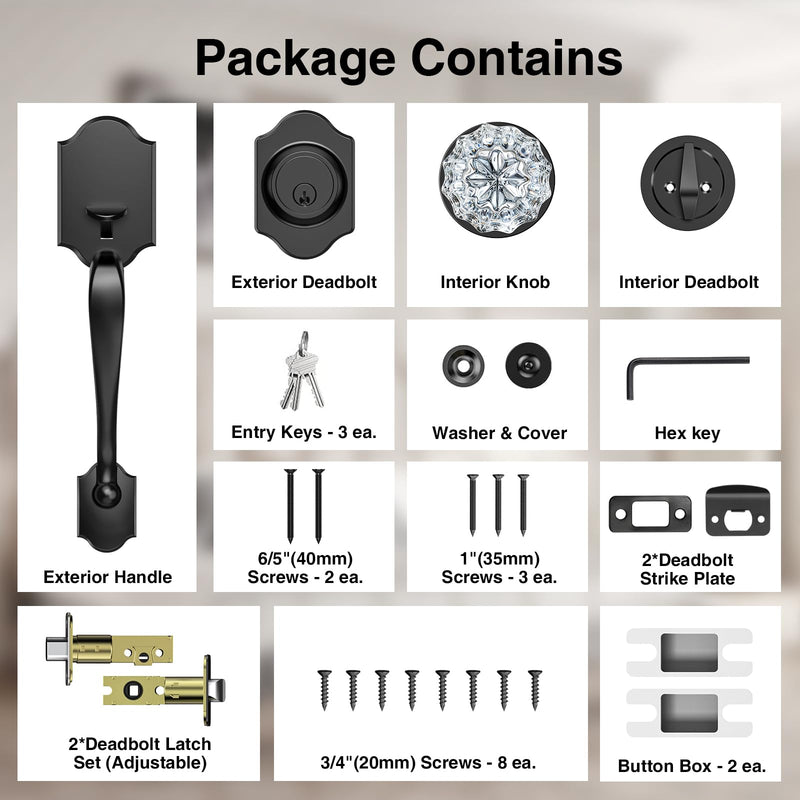 Black Front Door Handle and Deadbolt Set, Front Door Lock Set with Crystal Glass Door Knob, Entry Door Lock Set with Single Cylinder, Reversible for Right & Left, Matte Black Classic