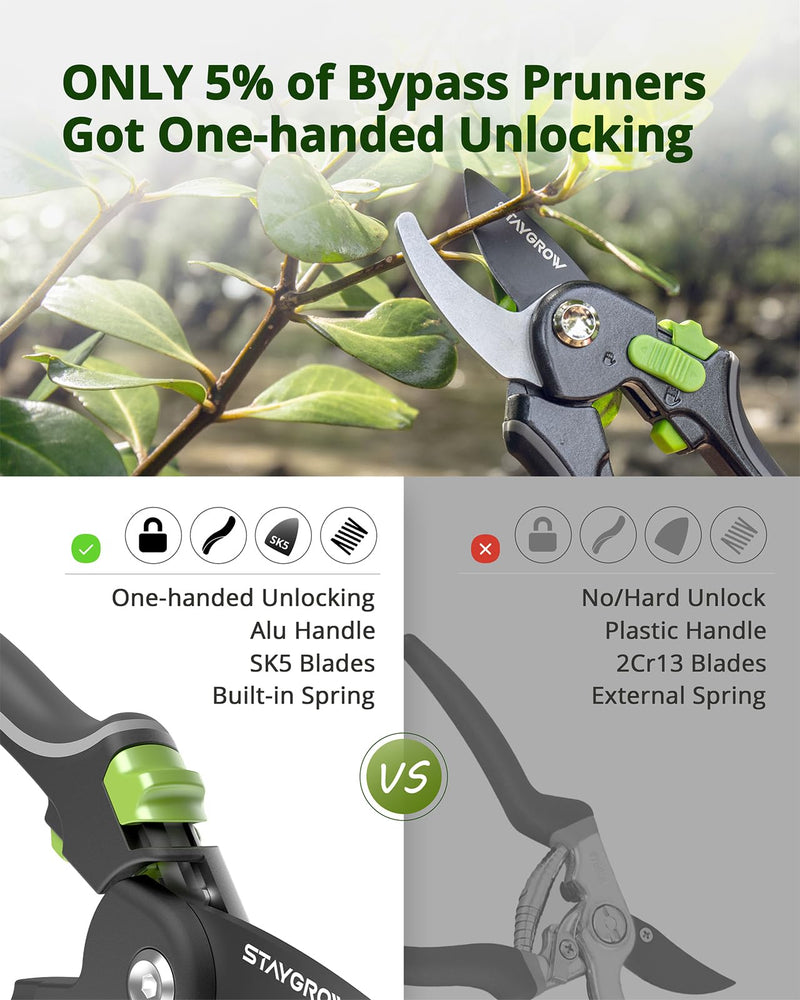 Pruning Shears for Gardening - 8.5" SK5 Garden Shears Cuts 10000+ Times Staying Sharp - Garden Scissors with One-handed Unlocking & Adjustable Handle- Garden Clippers Gardening Tools for Men Women 8.5" Bypass