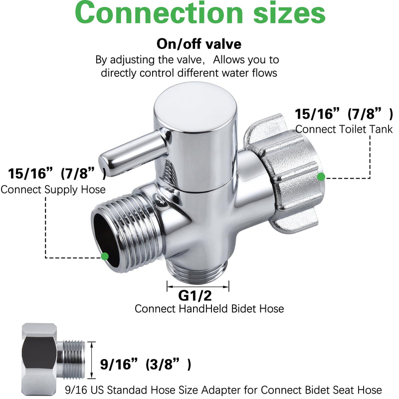 Bidet T Adapter with Shut off Valve, Metal T Valve for Bidet 7/8” X 7/8” X 1/2”or 3/8”, Tee Connector Bidet Attachment for Handheld Toilet Spray metal cap