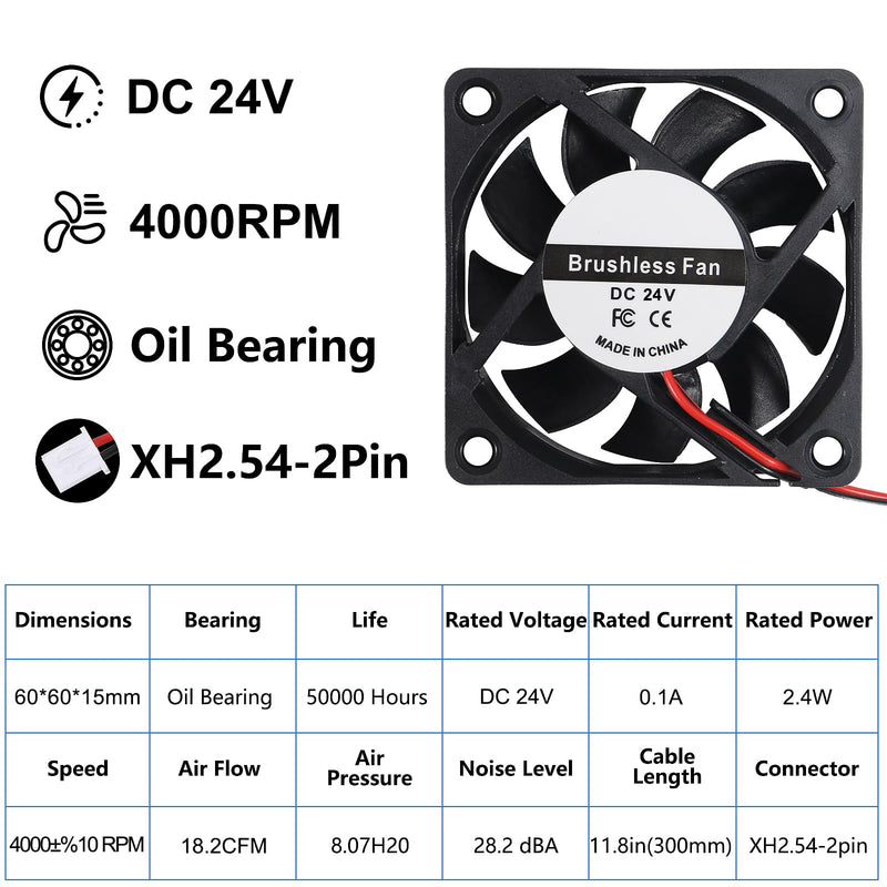 4PCS 60mm Fan 24V DC 0.10A 6015 Brushless Cooling Fan 2pin 60x60x15mm Computer CPU Heat Sink Cooling Cooler Fan 6015 24V
