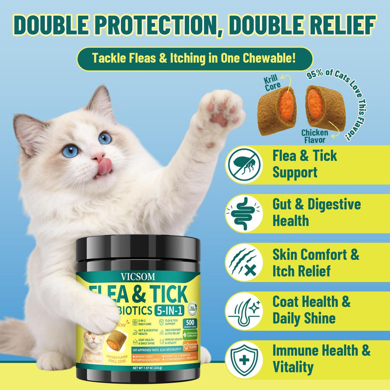 Flea and Tick Prevention for Cats, 500 Crunchy & Krill Chews with Probiotics for Cats, Cat Flea Chews with Gut & Digestive Support, Skin & Coat Support for All Breeds & Ages, Chicken Flavor