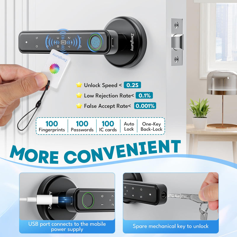 Fingerprint Door Lock, Door Locks for Bedrooms, Biometric Door Lock with Fingerprint/App/Password/Key/IC Card-Smart Door Lock for Home, Hotel, Office, Apartment 70-with app