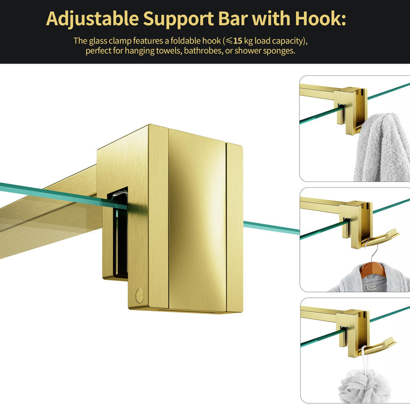 Shower Glass Support Bar, Stainless Steel Shower Door Support Arm with Foldable Hook, Adjustable Support Rod for 1/4"-3/8" Door, Cut-to-Fit for Various Spaces (Brushed Gold, 47.24'' (1200mm)) Brushed Gold 47.24'' (1200mm)