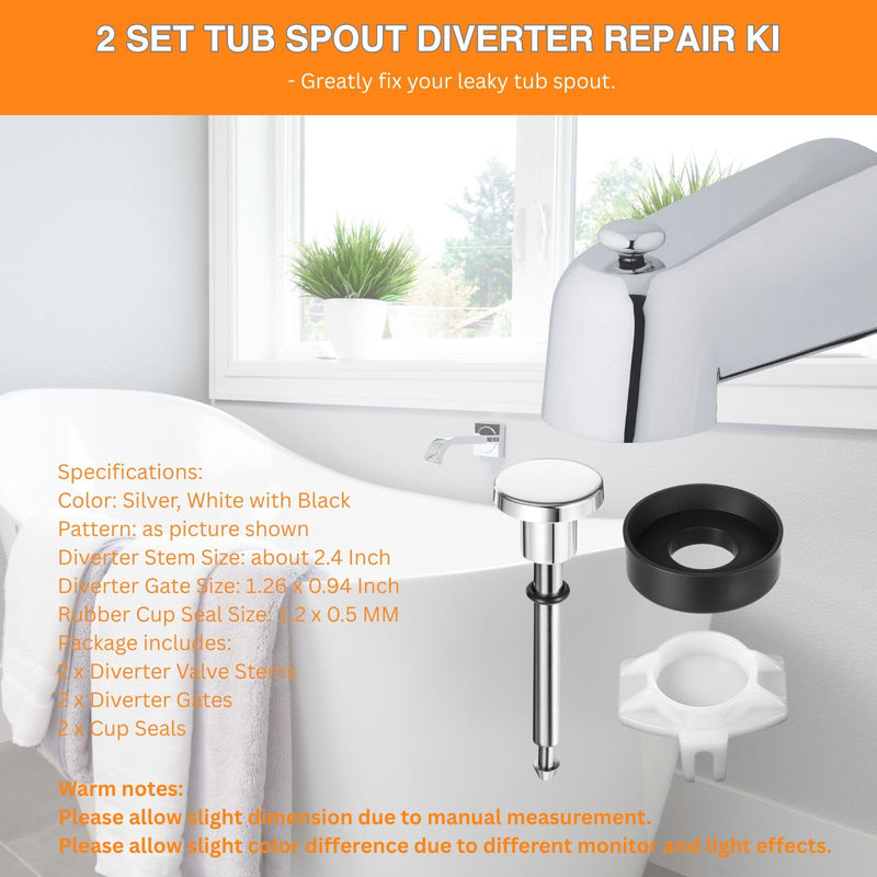 2 Set Tub Spout Diverter Repair Kit - Universal Bathroom Shower Bathtub Leaky Faucet Replacement Parts, Includes 2 Diverter Valve Stems, 2 Cup Seals and 2 Gates (Chrome, Classic Style)